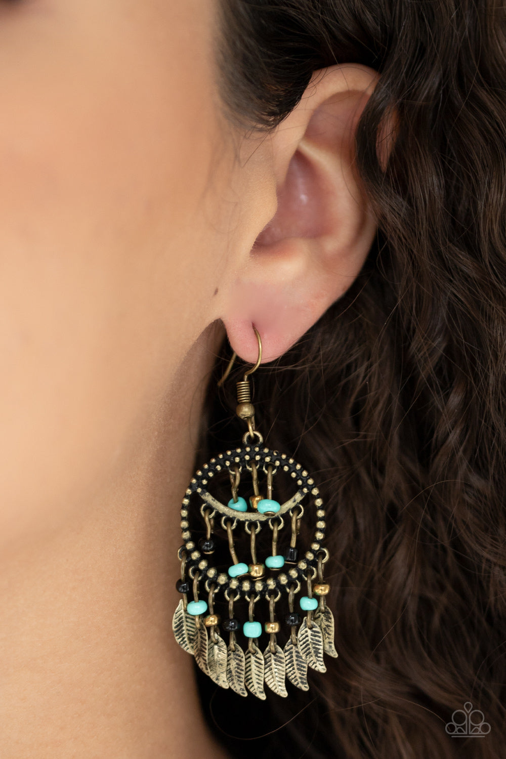 "HERBAL REMEDY" MULTI BLACK TURQUOISE BLUE FEATHER DREAM CATCHER BRASS EARRINGS - Gtdazzlequeen